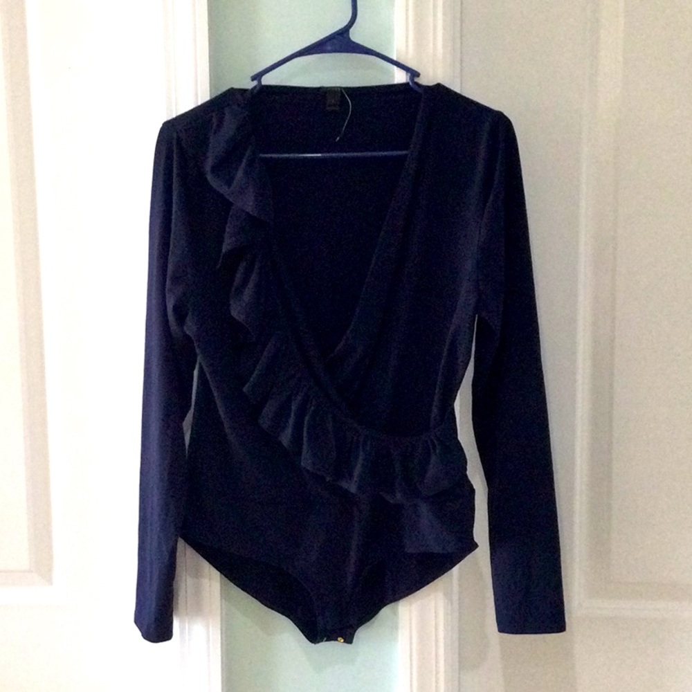 J Crew Ruffled Bodysuit Large Navy Blue